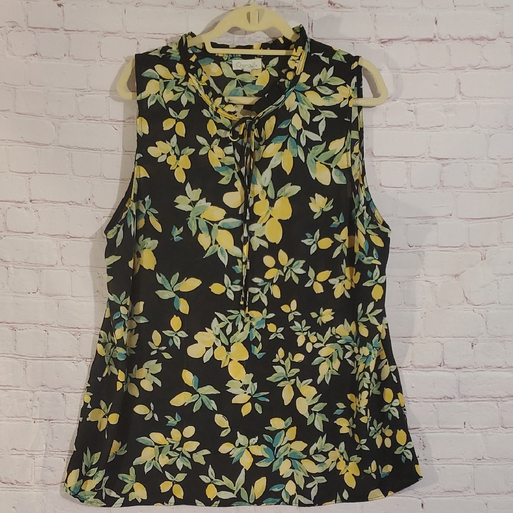 Chenault Women's Lemon Print Sleeveless Shirt Blouse Top 1X